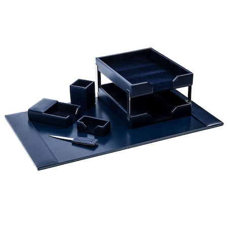 Navy Blue 8-Piece Leather Desk Set, Bonded Leather